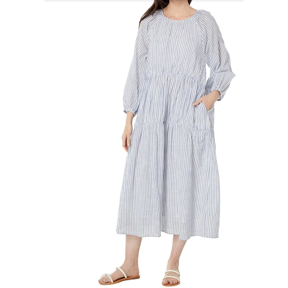 SUNDRY Stripe Woven Cotton Tiered Maxi Dress Pockets White Navy Womens Sz Small